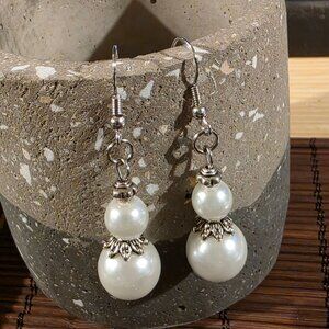 Handcrafted Snow White Antiqued Silver Glass Pearl Drop Earrings